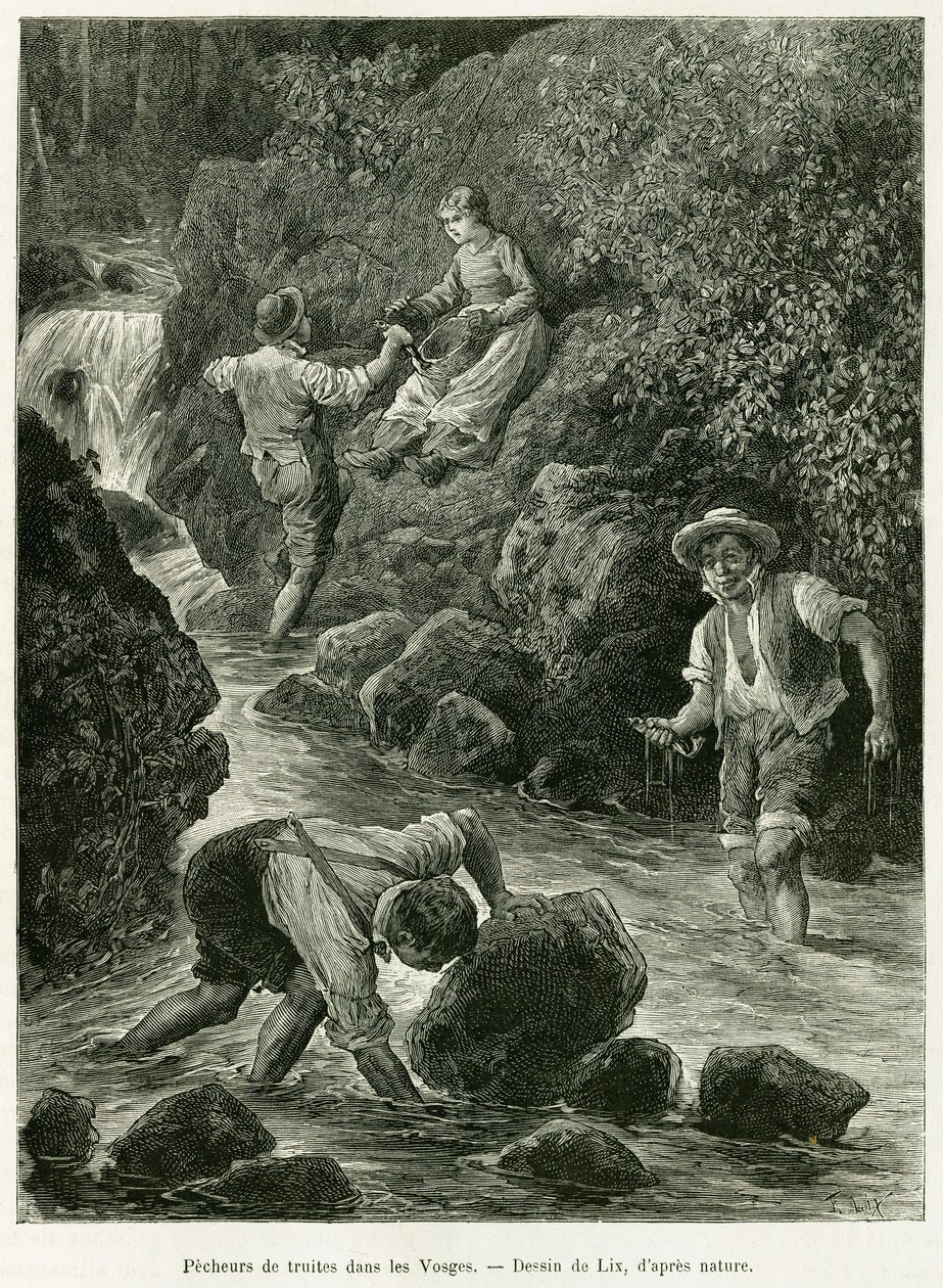 Pescadores de truchas en los Vosgos. Grabado de Lix, para ilustrar la historia A través de Alsacia y Lorena, de Charles Grad, diputado alemán, en 1885, en Le Tour du Monde 1887, bajo la dirección de Edouard Charton (1807-1890), Hachette, París. de Frederic Theodore Lix