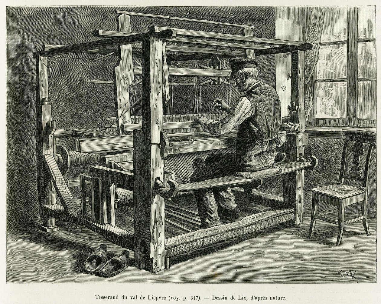 Tejedor del Valle de Liepvre. Grabado de Lix, para ilustrar la historia A través de Alsacia y Lorena, en 1887, por Charles Grad, diputado alemán, en Le Tour du monde 1888, dirigido por Edouard Charton (1807-1890), Hachette, París. de Frederic Theodore Lix