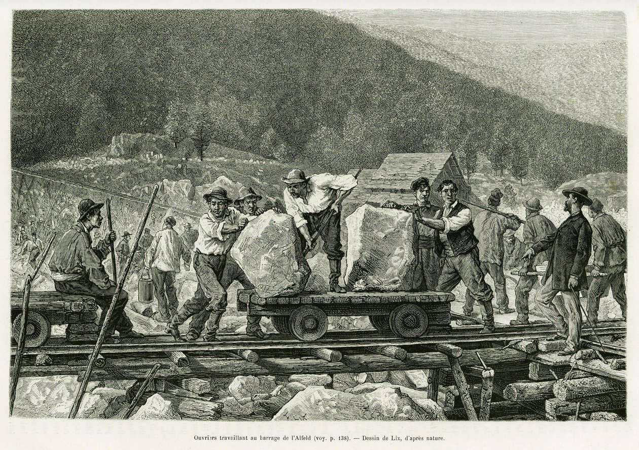 Trabajadores trabajando en la presa de Alfeld. Grabado por Lix para ilustrar la historia 