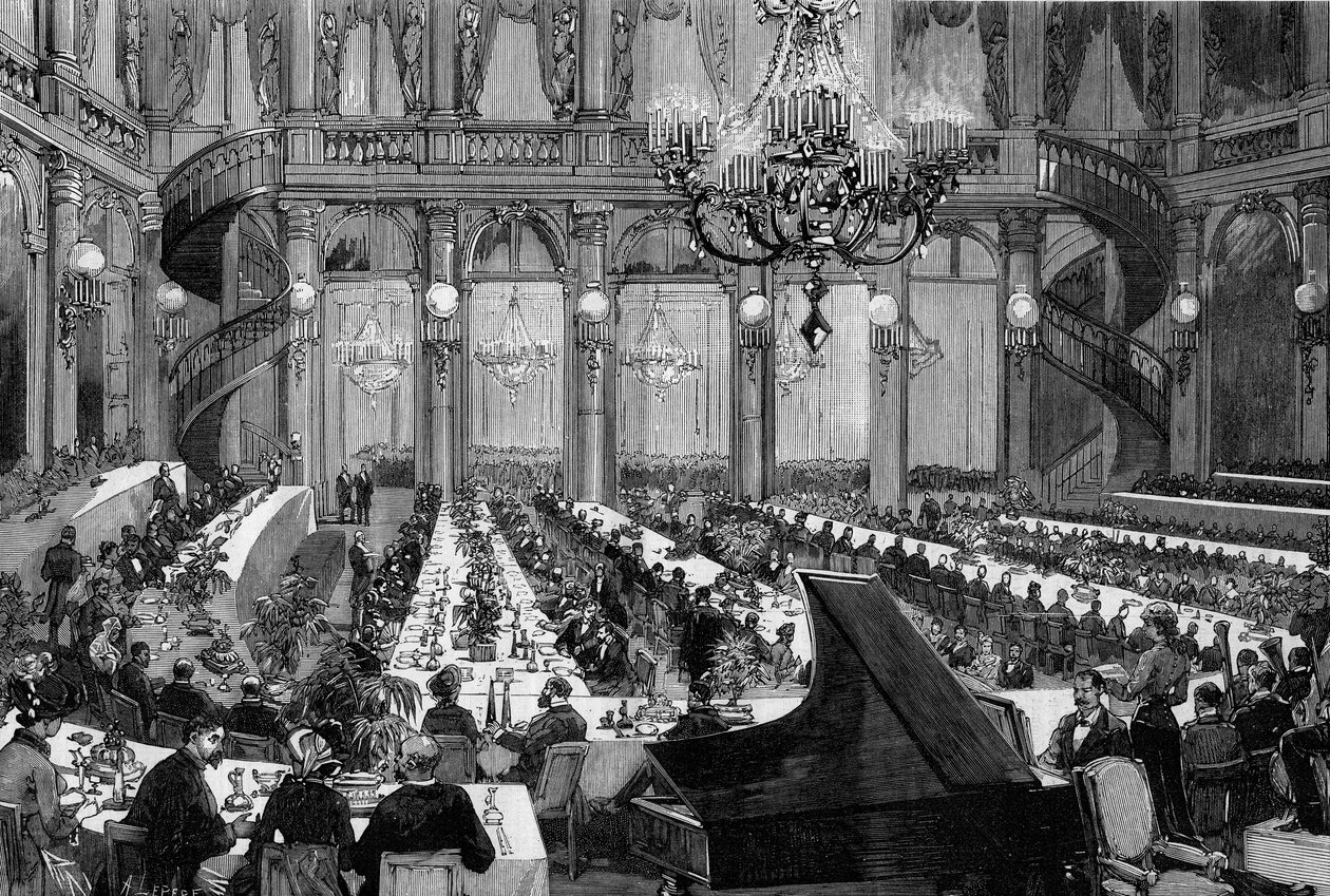 Concierto de cena en el salón de fiestas del Grand Hotel de París. Grabado por De Haenen en “The Illustrous World” n°1250 del 12 de marzo de 1881. de Frederic de Haenen
