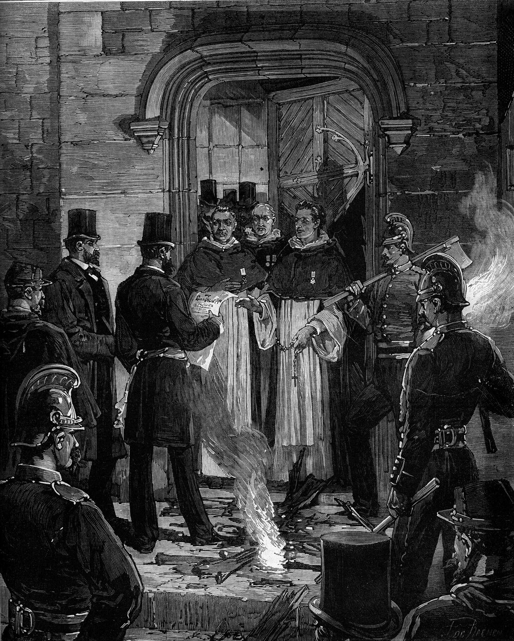 Expulsión de los dominicos de la Rue de Jean de Beauvais en París tras los decretos de marzo de 1880 tomados por Jules Ferry y eliminando el derecho a enseñar a miembros de congregaciones religiosas no autorizadas: lectura del acta de notificación de los d de Frederic de Haenen