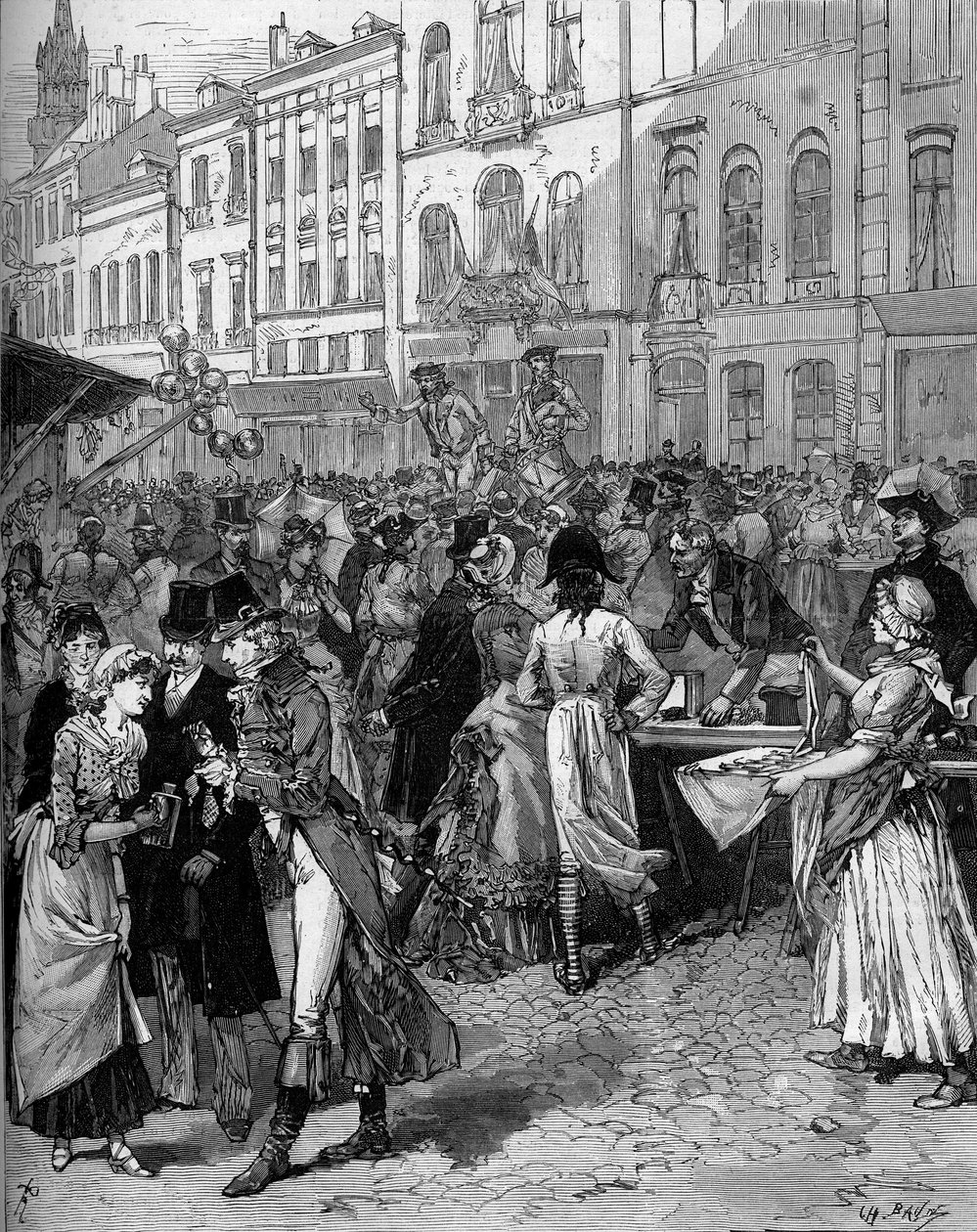 Celebración histórica de la conmemoración del sitio de Lille en 1792: la Braderie Watteau (gran feria) en las calles de la ciudad con los habitantes de moda del siglo XVIII. Grabado por De Haenen en "Le Monde Illustré" n°1334 del 21 de octubre de Frederic de Haenen