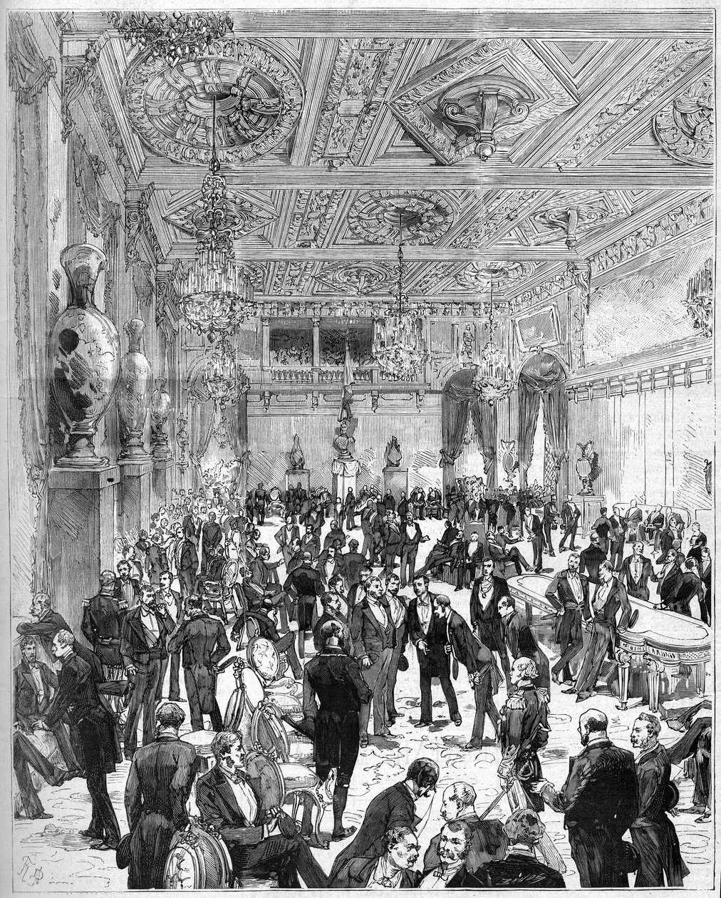 Inauguración del Hotel de Ville de París el 14 de julio de 1882, reconstruido después del incendio de 1871: vista de la sala del Consejo de la Ciudad a la llegada del presidente Jules Grévy (1807-1891). Grabado de De Haenen y Dosso en “El Mundo Ilustrado”  de Frederic de Haenen