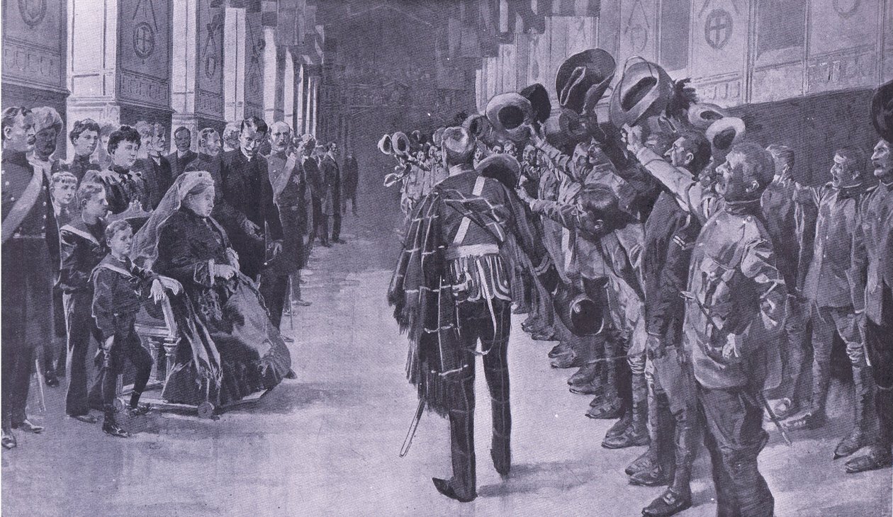 La reina Victoria inspeccionando a los coloniales inválidos en el Salón de San Jorge, Windsor (ilustración de After Pretoria: The Guerilla War, 1902) de Frederic de Haenen