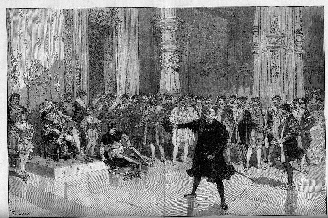 Representación teatral: “El rey se divierte” de Victor Hugo (1808-1883). Acto I escena 5: una sala en el Louvre, la maldición. M. de Saint Vallier ante el rey Francisco I y el bufón Triboulet. de Frederic de Haenen