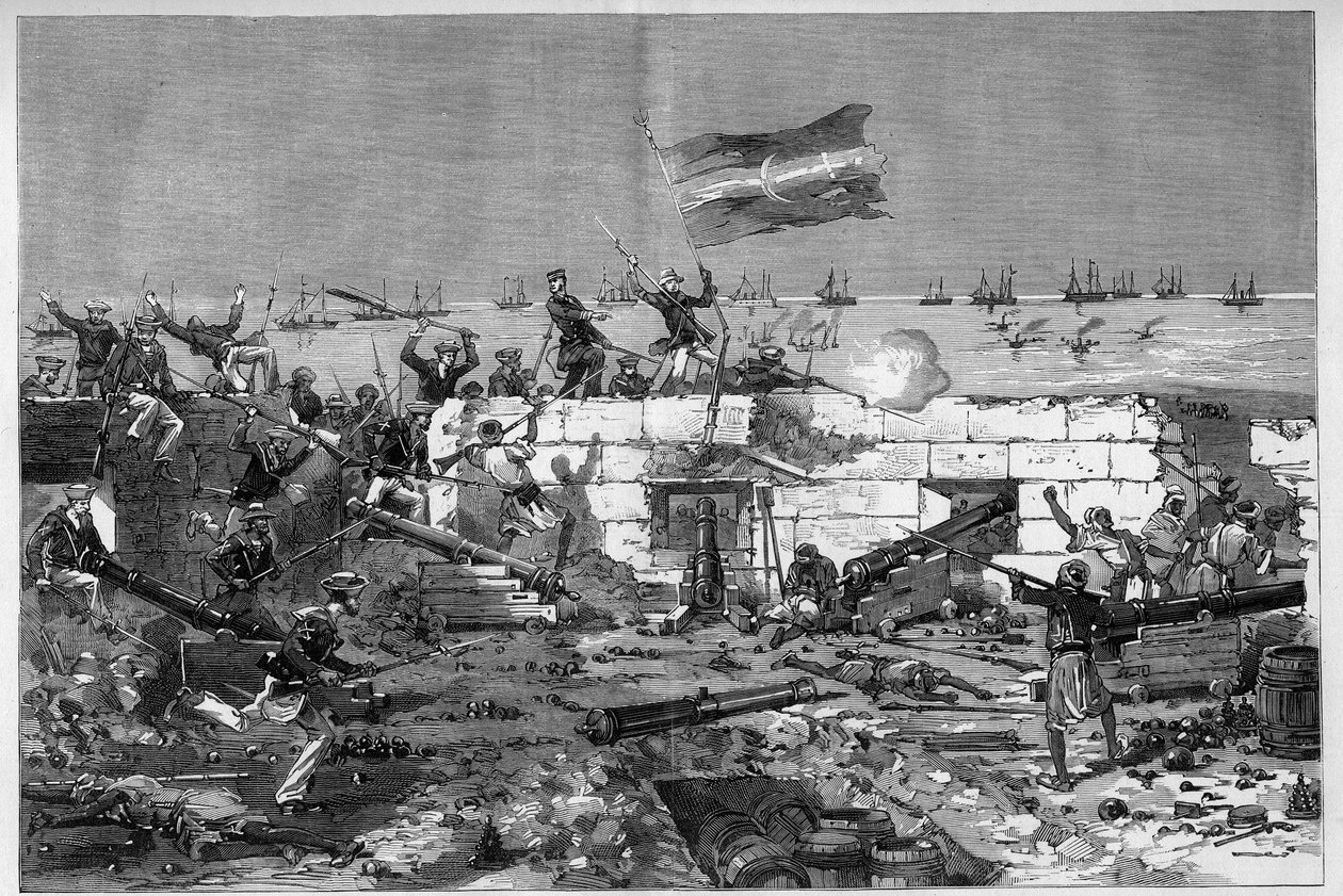 Túnez, julio de 1881: las tropas francesas tomaron la ciudad de Stax tras la revuelta de los habitantes contra el protectorado francés de Túnez. Fusileros marinos desmontan la batería circular. Grabado por De Haenen en “The Illustrous World” n°1273 del 20  de Frederic de Haenen