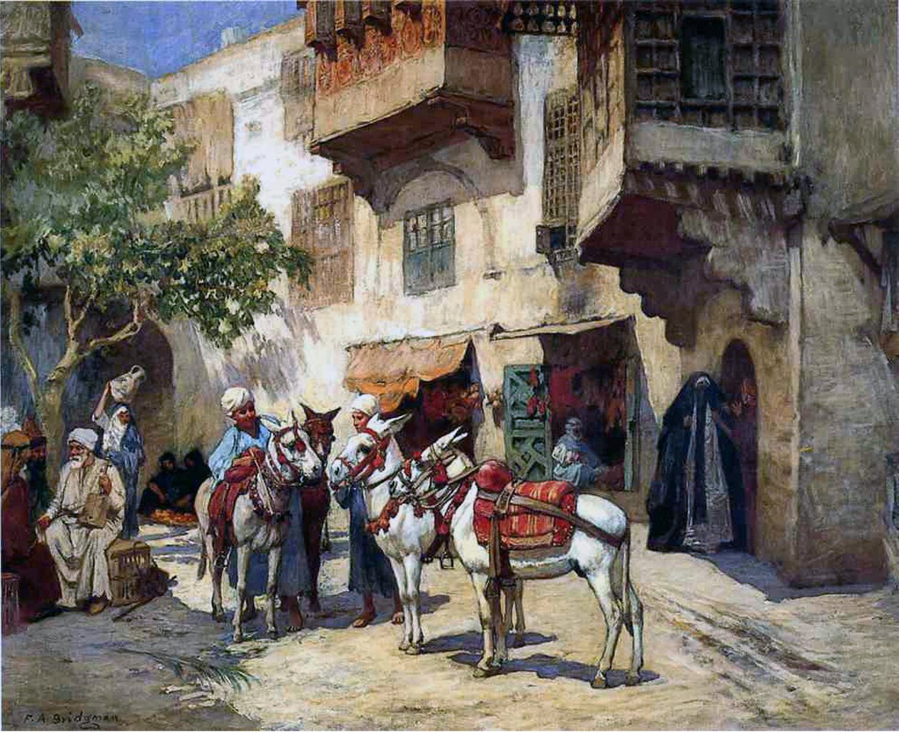 Calle oriental con burros de Frederick Arthur Bridgman