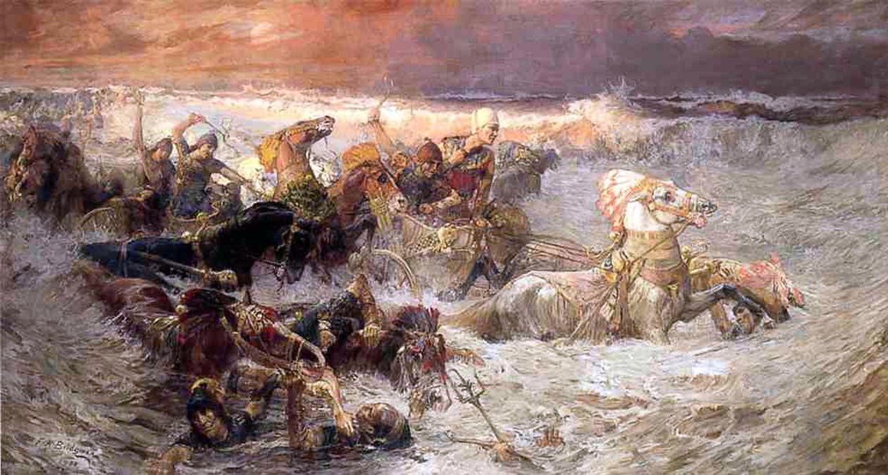 El faraón y su ejército ahogándose en el Mar Rojo, 1900 de Frederick Arthur Bridgman