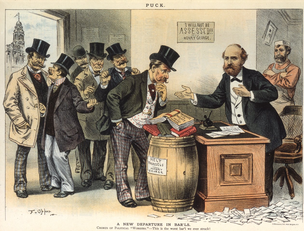Una nueva partida en barriles; Coro de trabajadores políticos - ¡Este es el peor barril que hemos encontrado!, 1886 de Frederick Burr Opper