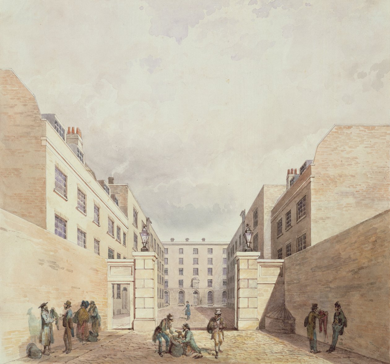 Vista de los almacenes de la Compañía de las Indias Orientales desde Cutler Street, 1836 de Frederick Nash