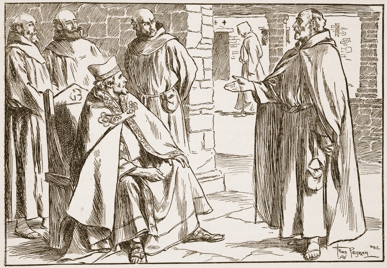 El obispo Dagan discutió con Laurence los puntos de diferencia entre las comuniones romana y celta, ilustración de 