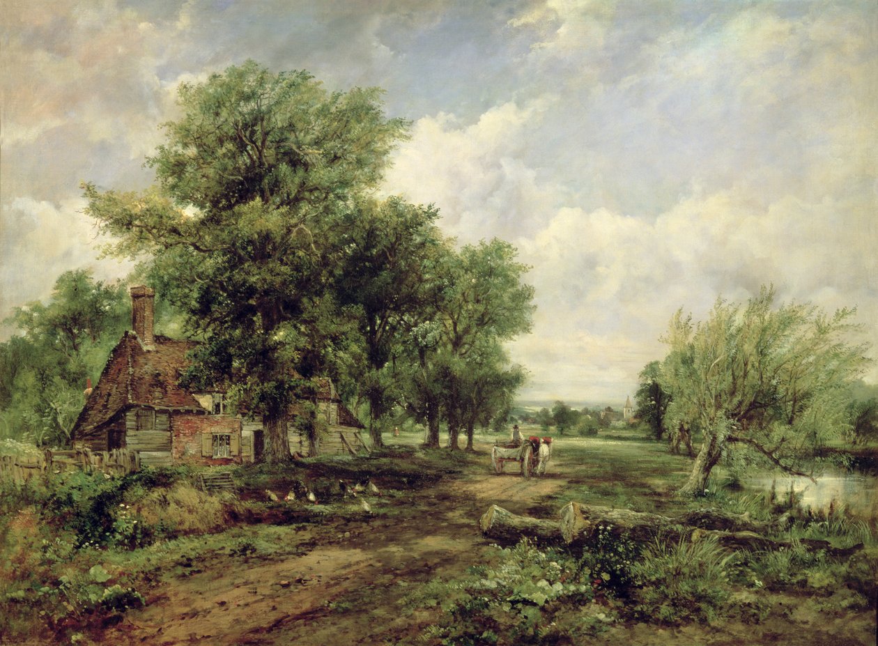 Paisaje fluvial arbolado con una cabaña y un carro tirado por caballos de Frederick Waters Watts