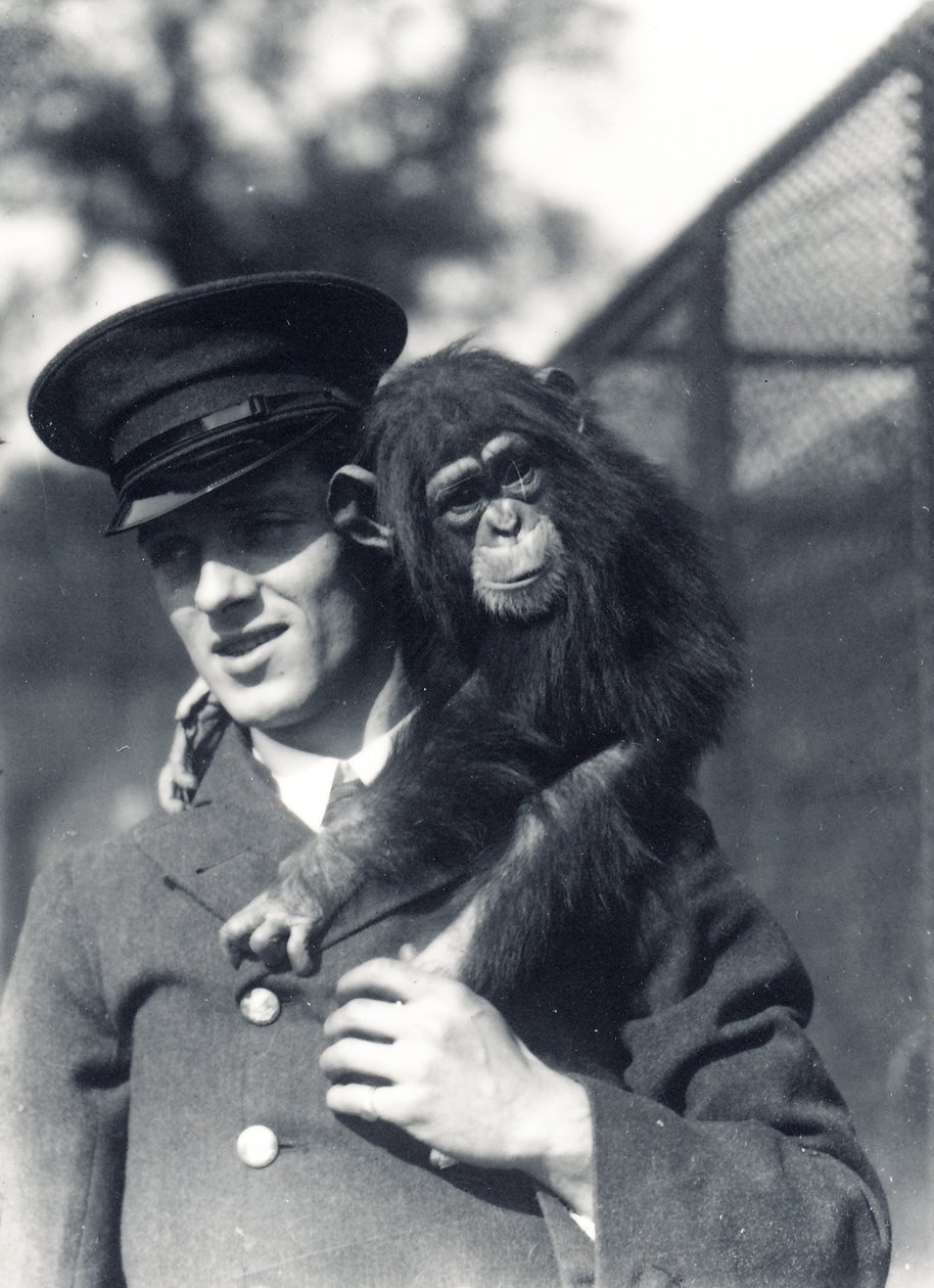 El cuidador F. Shelly con el chimpancé Johnnie o Marco en el Zoológico de Londres de Frederick William Bond