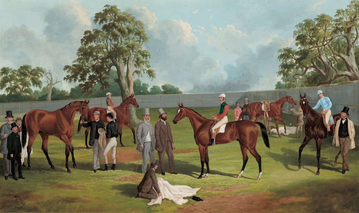Grupo en el recinto del hipódromo de Dowling Forest, Ballarat, 1863 de Frederick Woodhouse