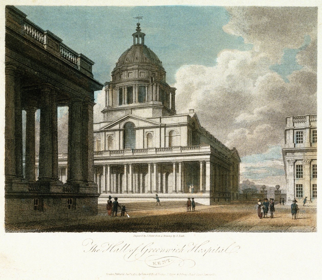 Vista del Hospital de Greenwich (Kent, Inglaterra), descripción de la cúpula y de la esquina noreste del patio del rey Guillermo (William), con la fachada norte del vestíbulo pintada detrás, y con parte del patio y la capilla de la reina María. de Frederick (after) Nash