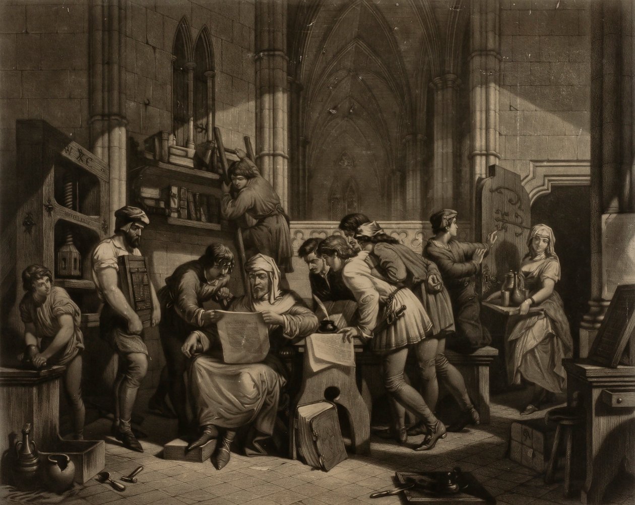 William Caxton--Examinando la primera hoja de prueba de su imprenta en la Abadía de Westminster, 1474 d.C. de Frederick Bacon