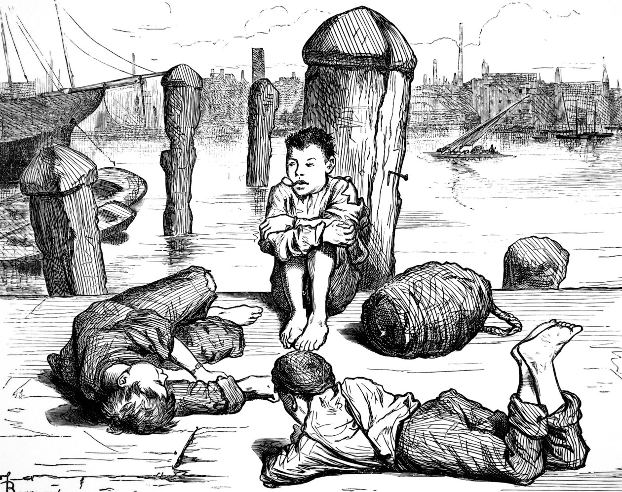 Niños indigentes de Londres pasando el tiempo fumando de Frederick Barnard