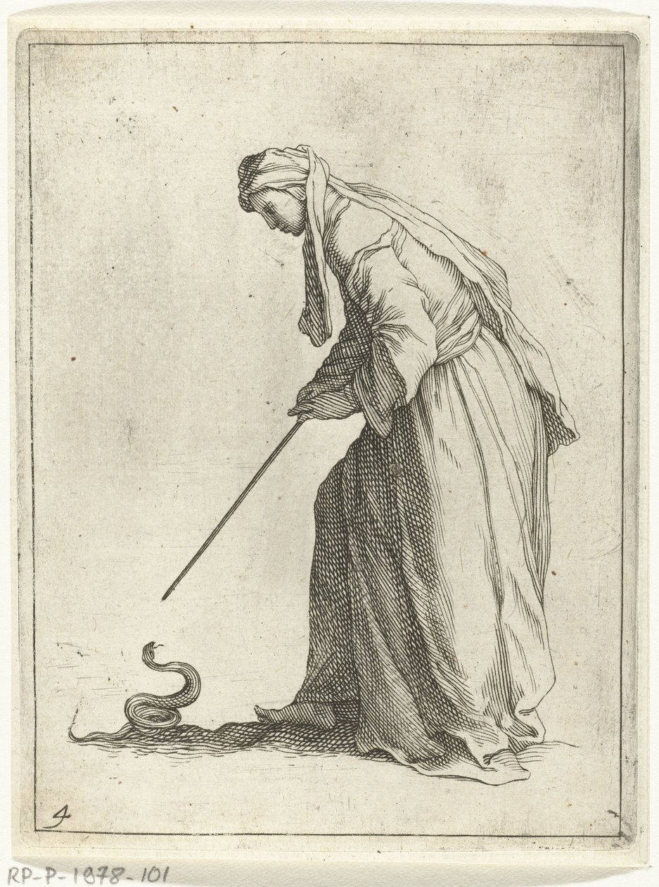 mujer con una serpiente 15 figuras pequeñas (título de la serie) de Frederick Bloemaert