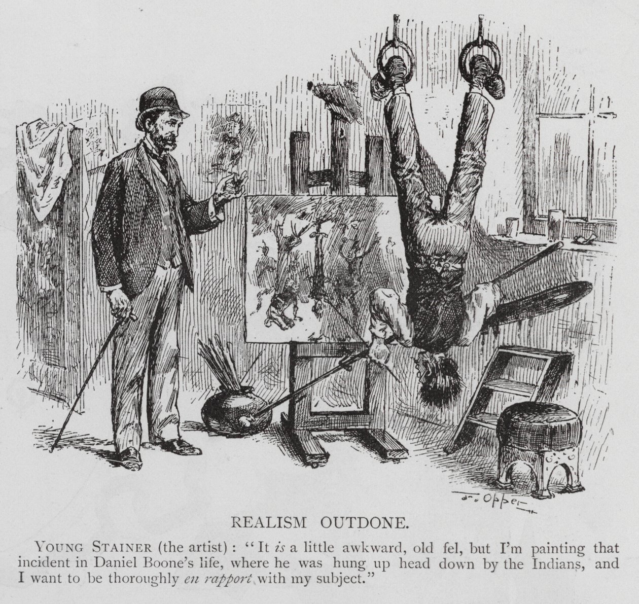 Artista pintando a Daniel Boone que fue capturado por nativos americanos y colgado boca abajo (grabado) de Frederick Burr Opper