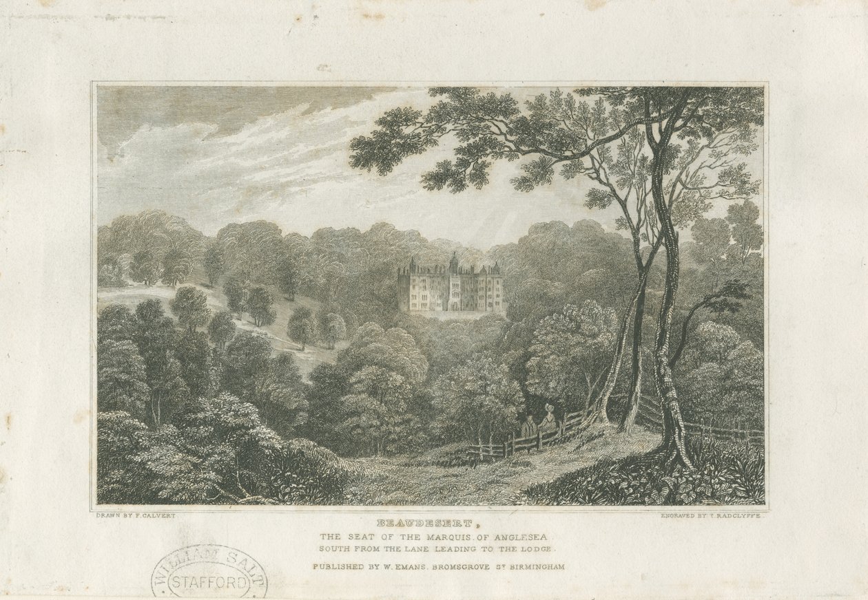Beaudesert Hall y Park: grabado, nd [c 1830] de Frederick Calvert