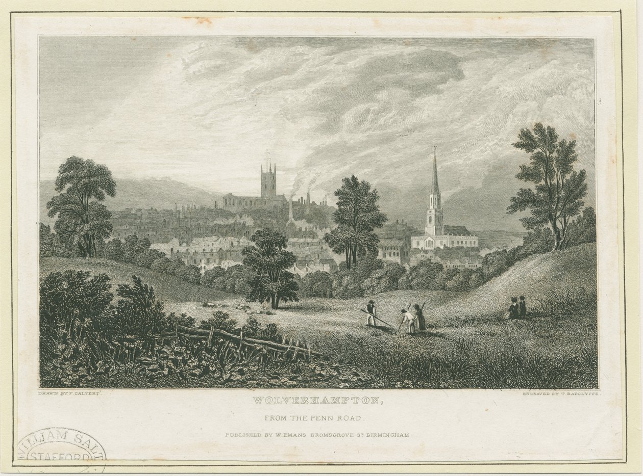 Wolverhampton - Vista distante desde la Carretera de Penn: grabado en acero de Frederick Calvert