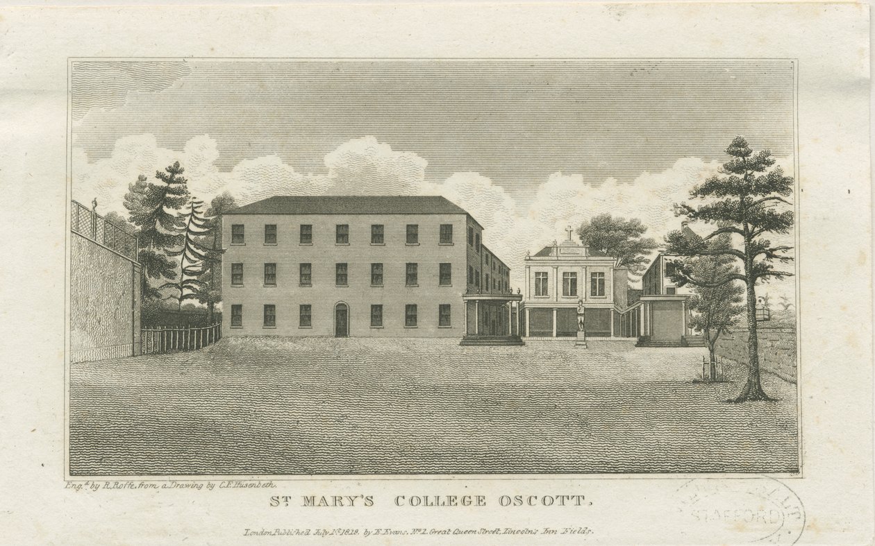 Oscott - Colegio de Santa María: grabado en acero, nd [c 1819] de Frederick Charles Husenbeth