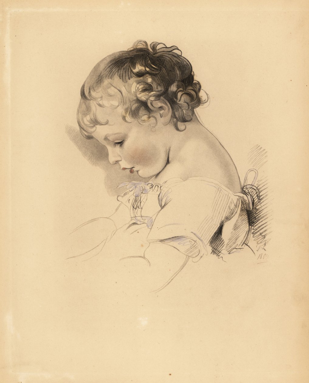 Retrato de Henry Bloxam, sobrino de Sir Thomas Lawrence. Niño en vestido con cinta azul. Grabado coloreado a mano por Frederick Christian Lewis después de una ilustración de Sir Thomas Lawrence del Cabinet of Gems de P.G. Patmore, Ackermann, Londres de Frederick Christian Lewis