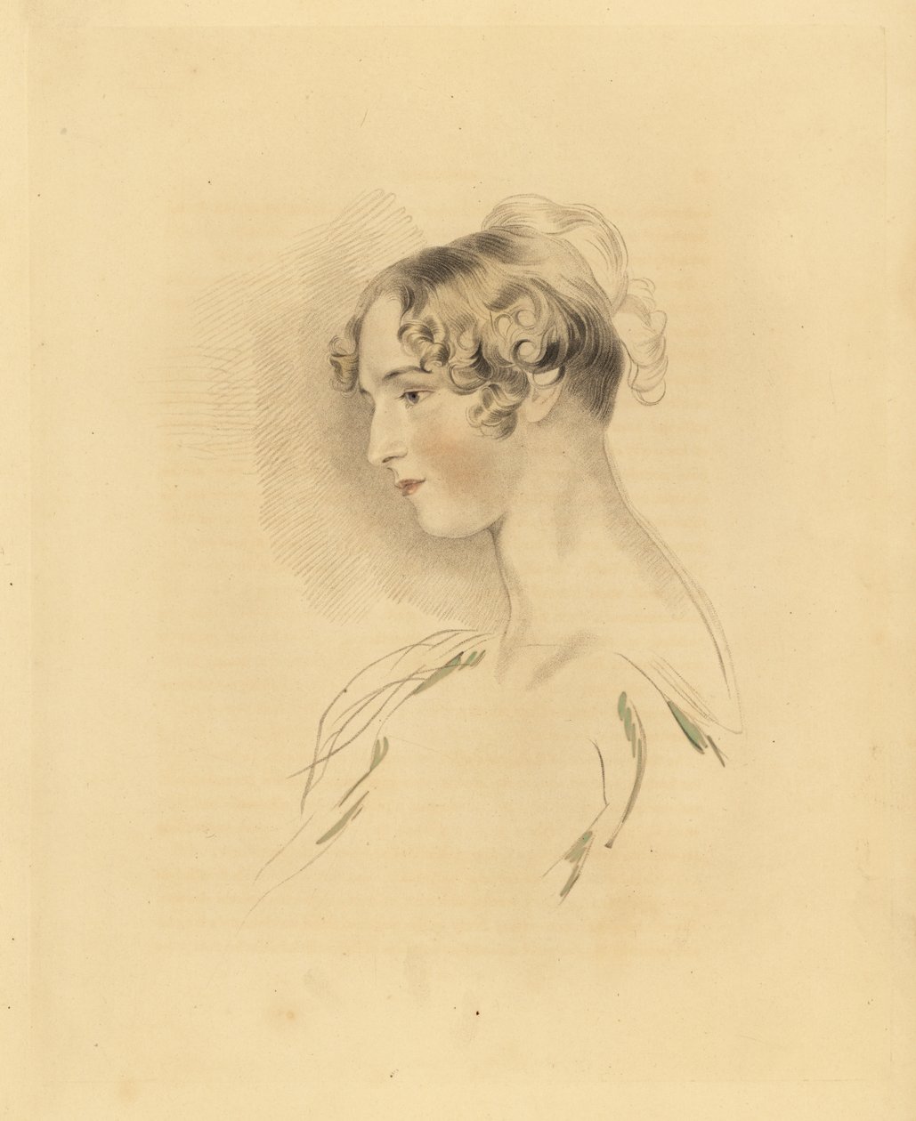 Retrato de Mary Isabella Bloxam como una joven, sobrina de Sir Thomas Lawrence. Con el cabello recogido y rizado, en un vestido con los hombros descubiertos. Grabado por Frederick Christian Lewis después de una ilustración de Sir Thomas Lawrence del Cabine de Frederick Christian Lewis