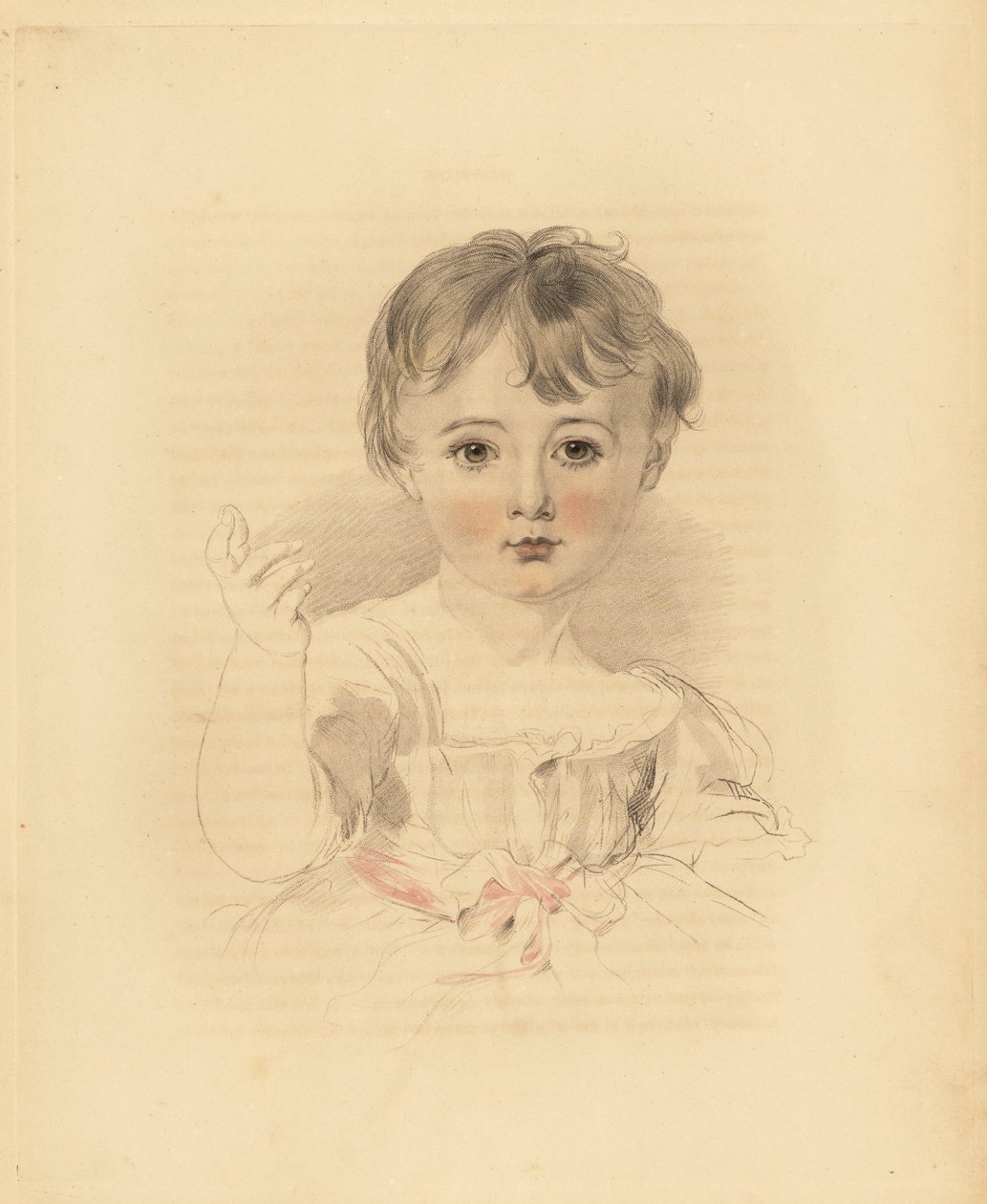 Retrato de Thomas Lawrence Bloxam, sobrino de Sir Thomas Lawrence. Vestido atado con una cinta rosa. Grabado coloreado a mano por Frederick Christian Lewis después de una ilustración de Sir Thomas Lawrence del Cabinet of Gems de P.G. Patmore, Ackermann, Lo de Frederick Christian Lewis