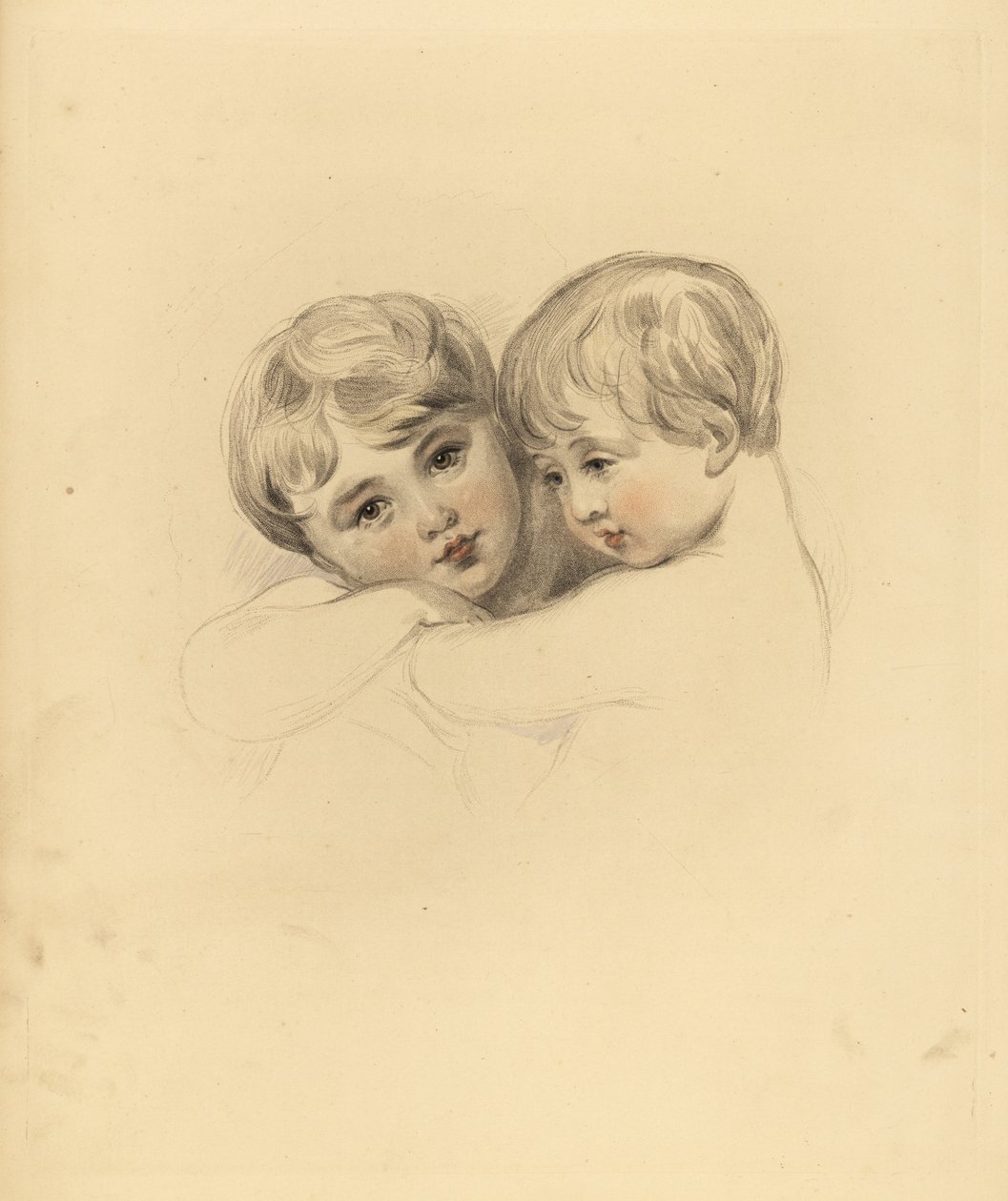 Retrato de los niños Calmeady en un abrazo. Grabado a mano por Frederick Christian Lewis después de una ilustración de Sir Thomas Lawrence del 