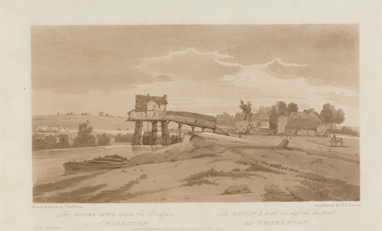 El molino de agua sobre el puente de Charenton 1803; lámina 20 de Vistas en París, calco del volumen Emanuel de la lámina B181.25.2629 de Frederick Christian Lewis the Elder