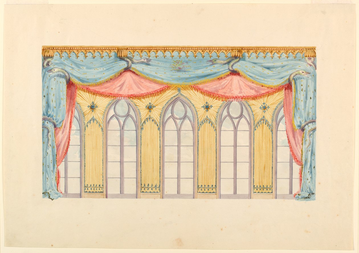 Dibujo, Decoración de ventanas, probablemente para la pared este de la sala de música, Royal Pavilion, Brighton, 1820 de Frederick Crace