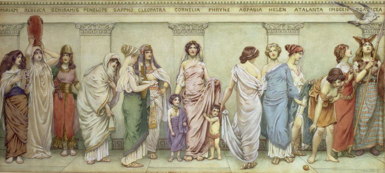 Grandes Mujeres de la Antigüedad: Miriam, Rebeca, Semiramis, Penélope, Safo, Cleopatra, Cornelia, Friné, Aspasia, Helena, Atalanta, Imogen y Boadicea de Frederick Dudley Walenn