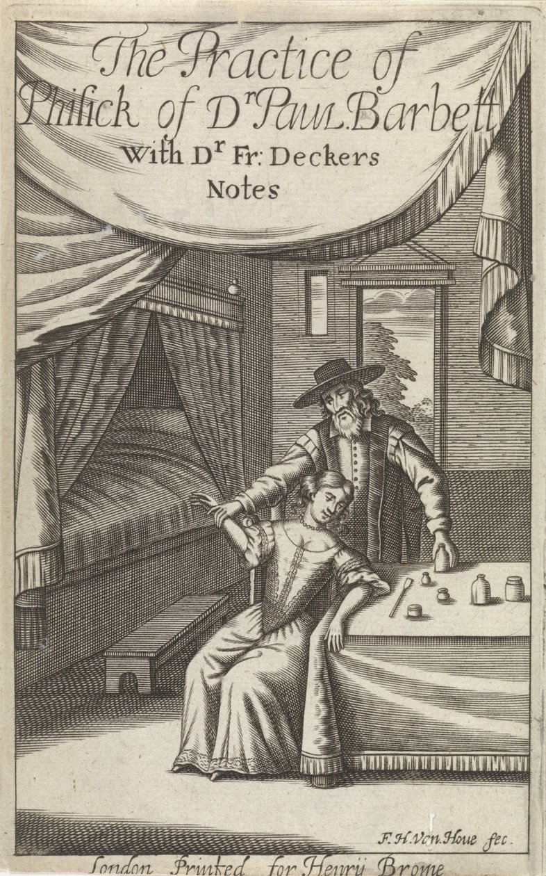 doctor, con, mujer joven, en, un, interior Página de título para: Dekkers, F., The Practice of Phisick of Dr. Pablo Barbett de Frederick Hendrick van den Hove