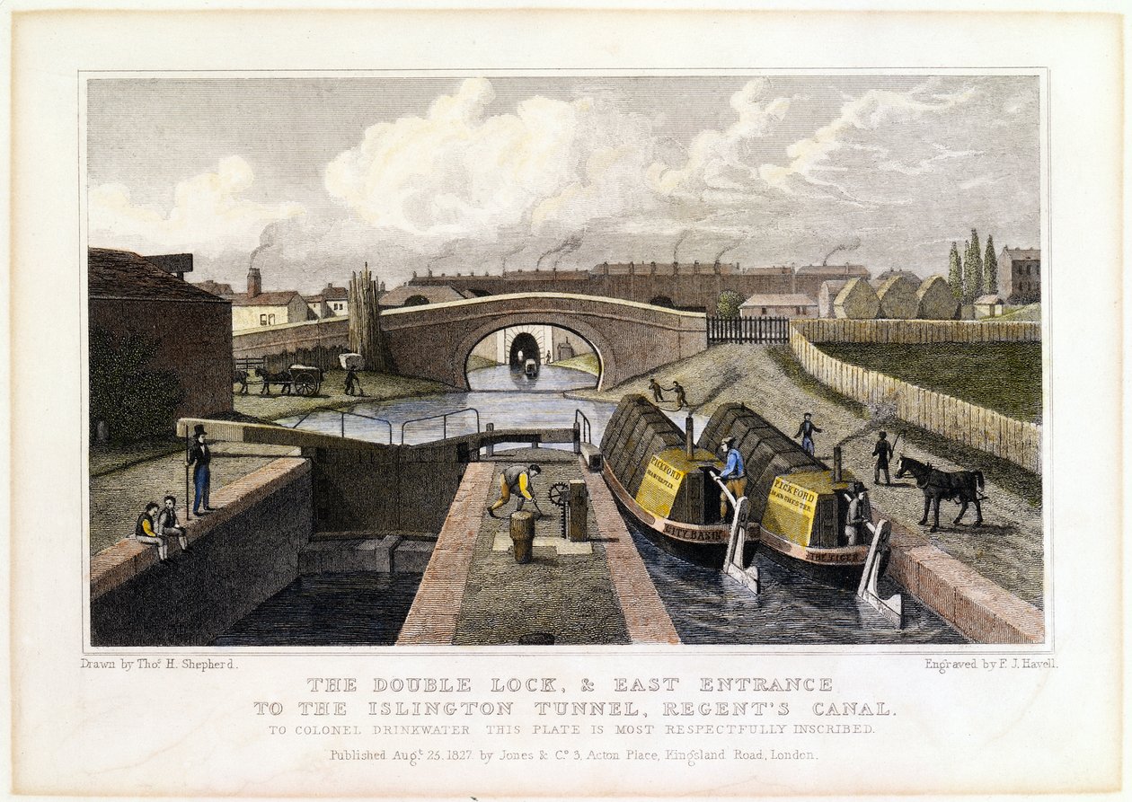 La Doble Cerradura y la Entrada Este al Túnel de Islington, Canal de Regents, 1827 de Frederick James Havell