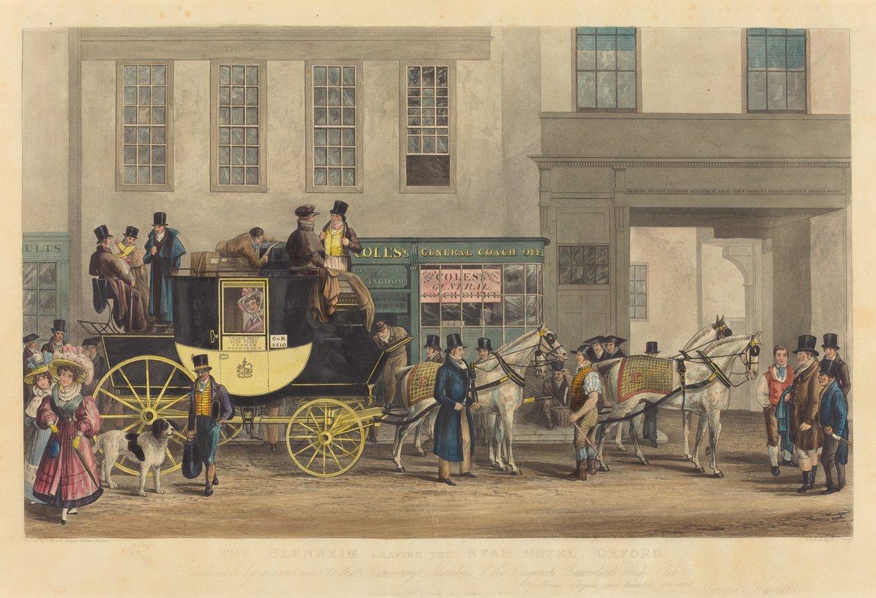 El Blenheim, Saliendo del Hotel Star, Oxford de Frederick James Havell after George Havell