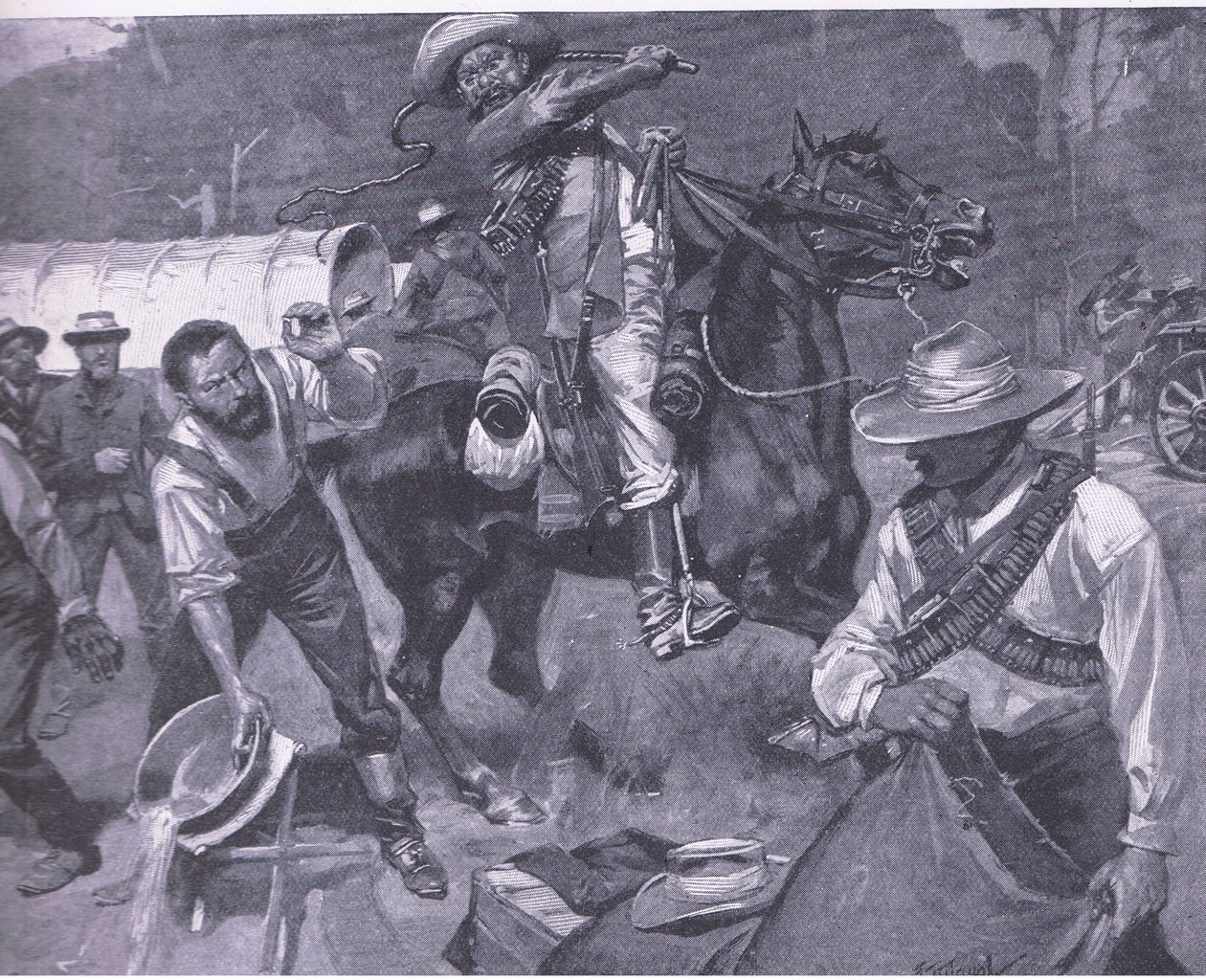 Tratamiento bóer de los enviados de paz: La flagelación de Margendaal, de Después de Pretoria: La Guerra de Guerrillas publicado por Harmsworth Bros Limited, 1901 de Frederick Judd Waugh