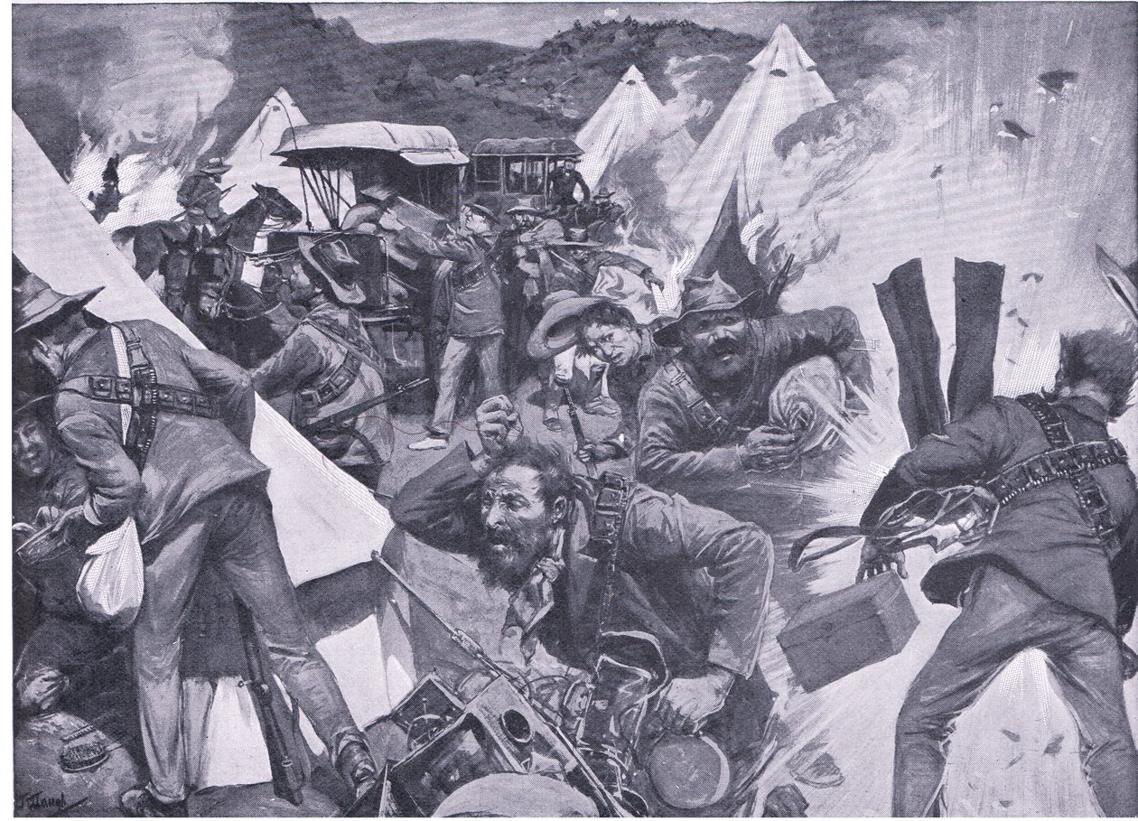 Bóers saqueando el campamento británico en Nooitgedacht bajo fuego de artillería, de Después de Pretoria: La Guerra de Guerrillas publicado por Harmsworth Bros Limited, 1901 de Frederick Judd Waugh