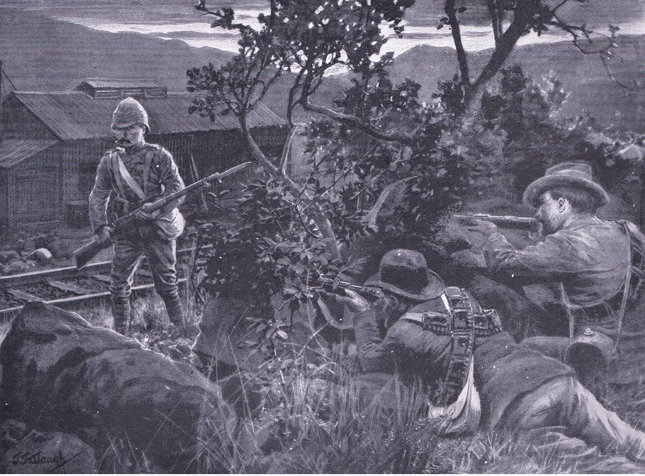 Guerra degenerada: Bóers disparando a un centinela, de Después de Pretoria: La Guerra de Guerrillas publicado por Harmsworth Bros Limited, 1901 de Frederick Judd Waugh