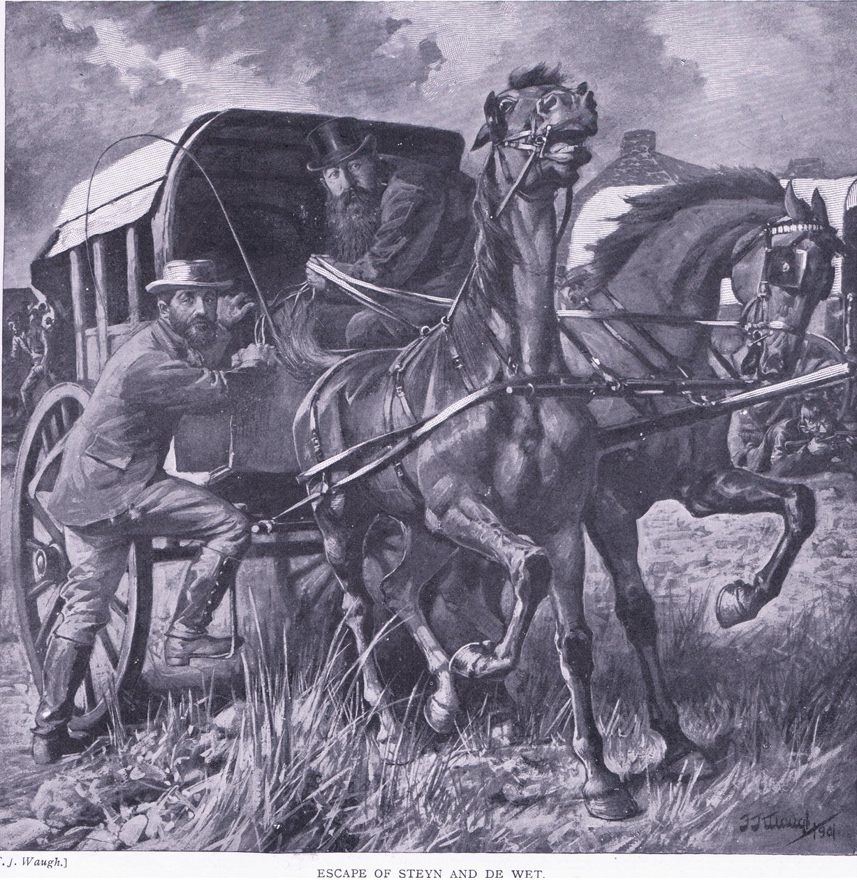 Escape de Steyn y De Wit (ilustración de After Pretoria: The Guerilla War, 1902) de Frederick Judd Waugh