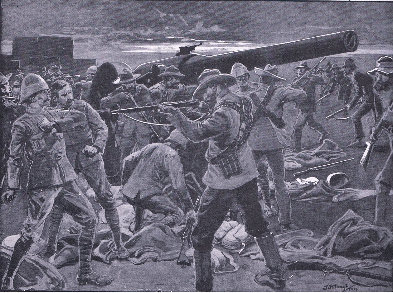 El ataque a Gun Hill: Los artilleros del naval 47 sorprendidos, de Después de Pretoria: La Guerra de Guerrillas publicado por Harmsworth Bros Limited, 1901 de Frederick Judd Waugh