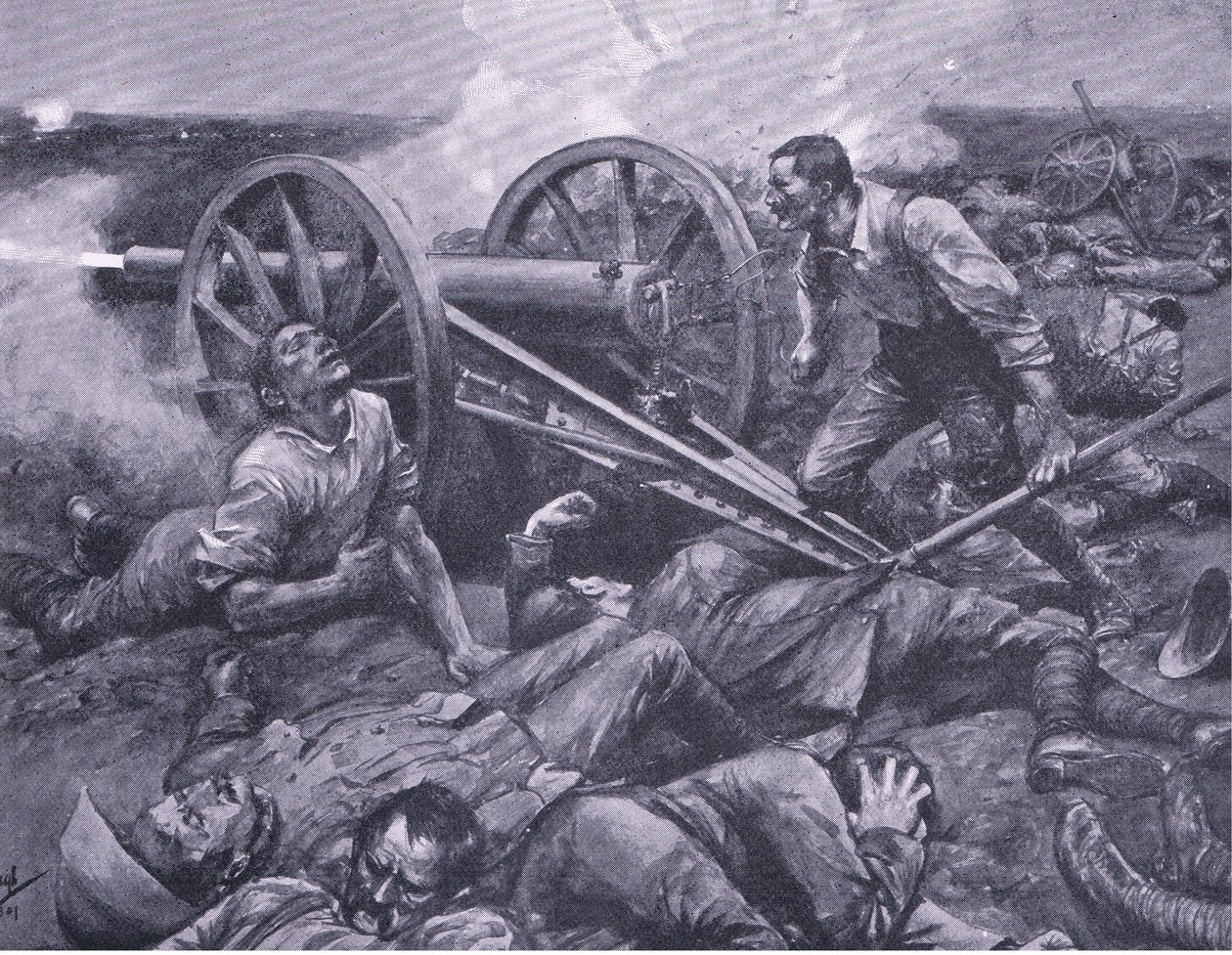 La defensa de Dewetsdorp: operando un cañón de 15 libras solo (ilustración de After Pretoria: The Guerilla War, 1902) de Frederick Judd Waugh