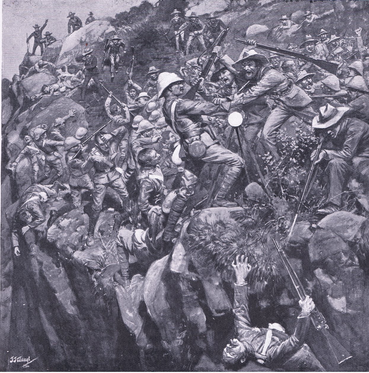 El desastre en Nooitgeddacht: El fin de un valiente señalero, de Después de Pretoria: La Guerra de Guerrillas publicado por Harmsworth Bros Limited, 1901 de Frederick Judd Waugh
