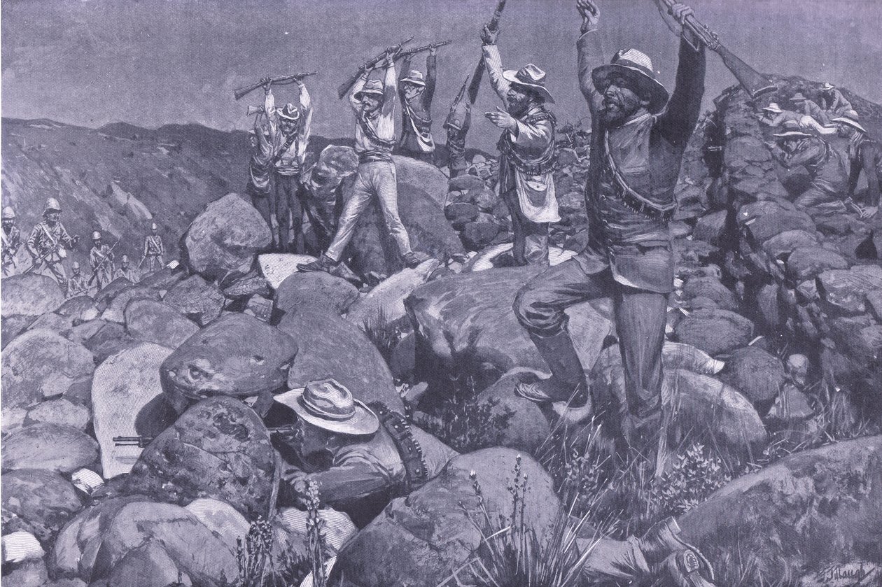 La rendición fingida que atrajo a los Liverpools a una posición desesperada, ilustración de Después de Pretoria: La Guerra de Guerrillas, 1902 de Frederick Judd Waugh