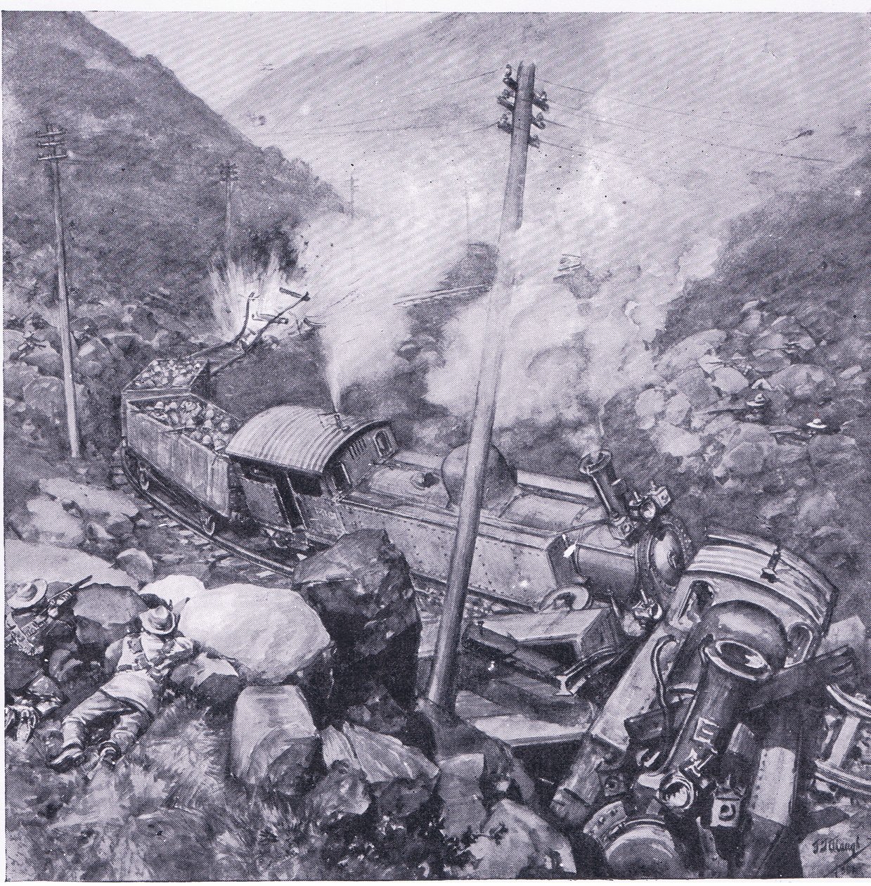 El descarrilamiento de un tren blindado cerca de Vlakfontein (ilustración de After Pretoria: The Guerilla War, 1902) de Frederick Judd Waugh