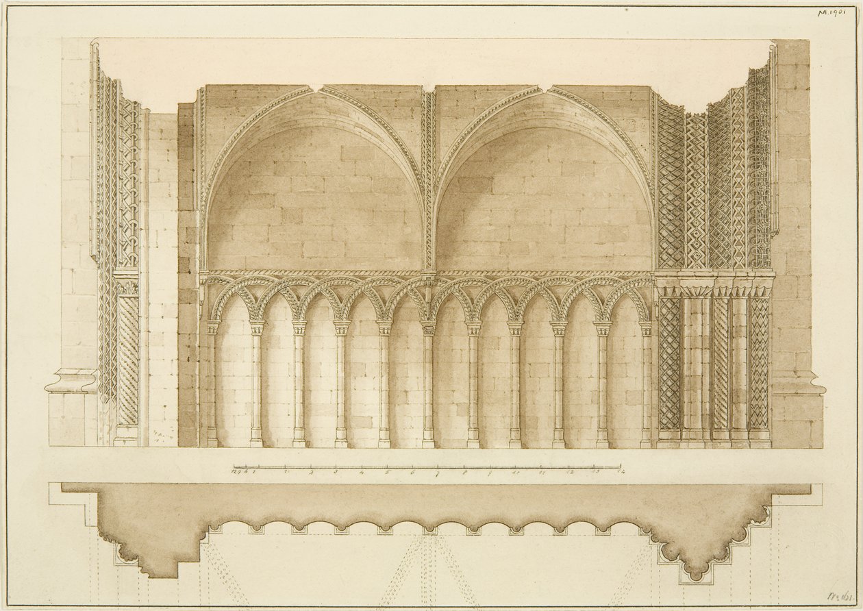 Puerta del colegio, sección y plano de Frederick Mackenzie