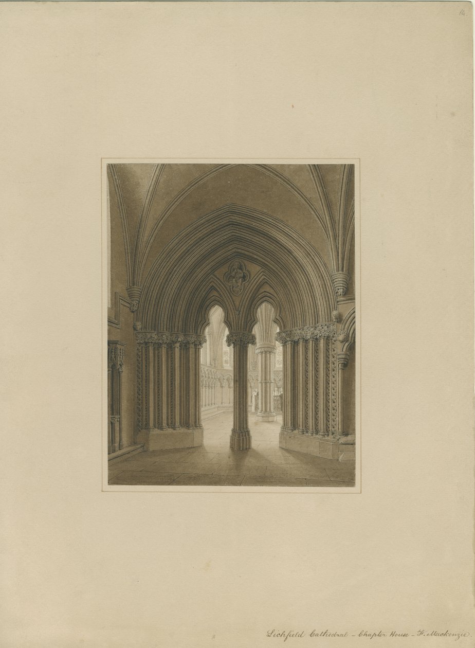 Interior de la Catedral de Lichfield - Puerta de la Sala Capitular: dibujo en sepia de Frederick Mackenzie