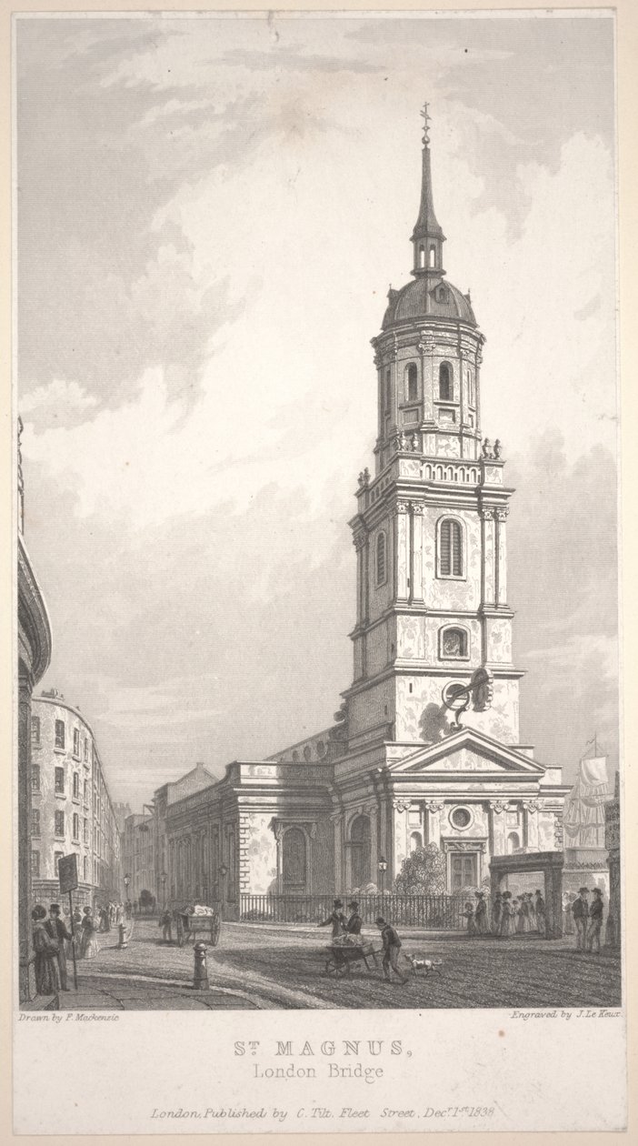 San Magnus, London Bridge, grabado por John Henry Le Keux de Frederick Mackenzie