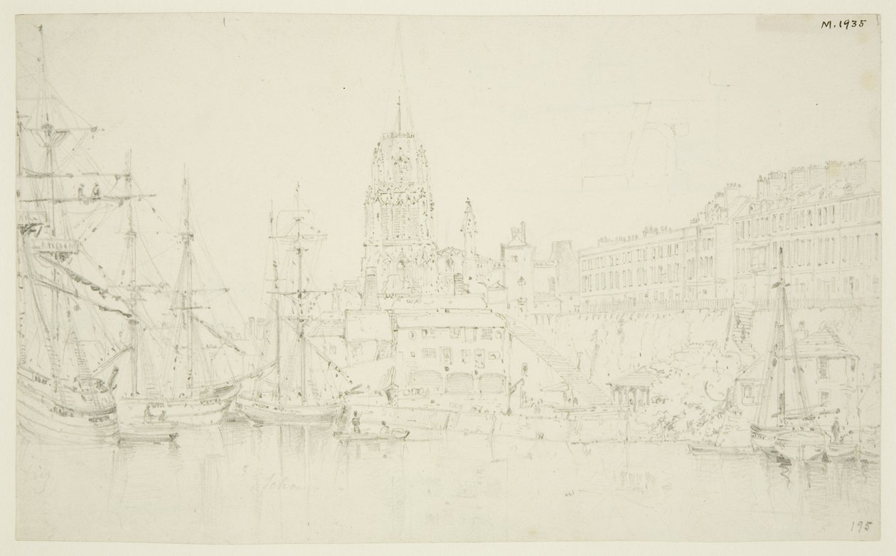 St Mary Redcliffe y Redcliffe Wharf desde el puente de Prince Street de Frederick Mackenzie