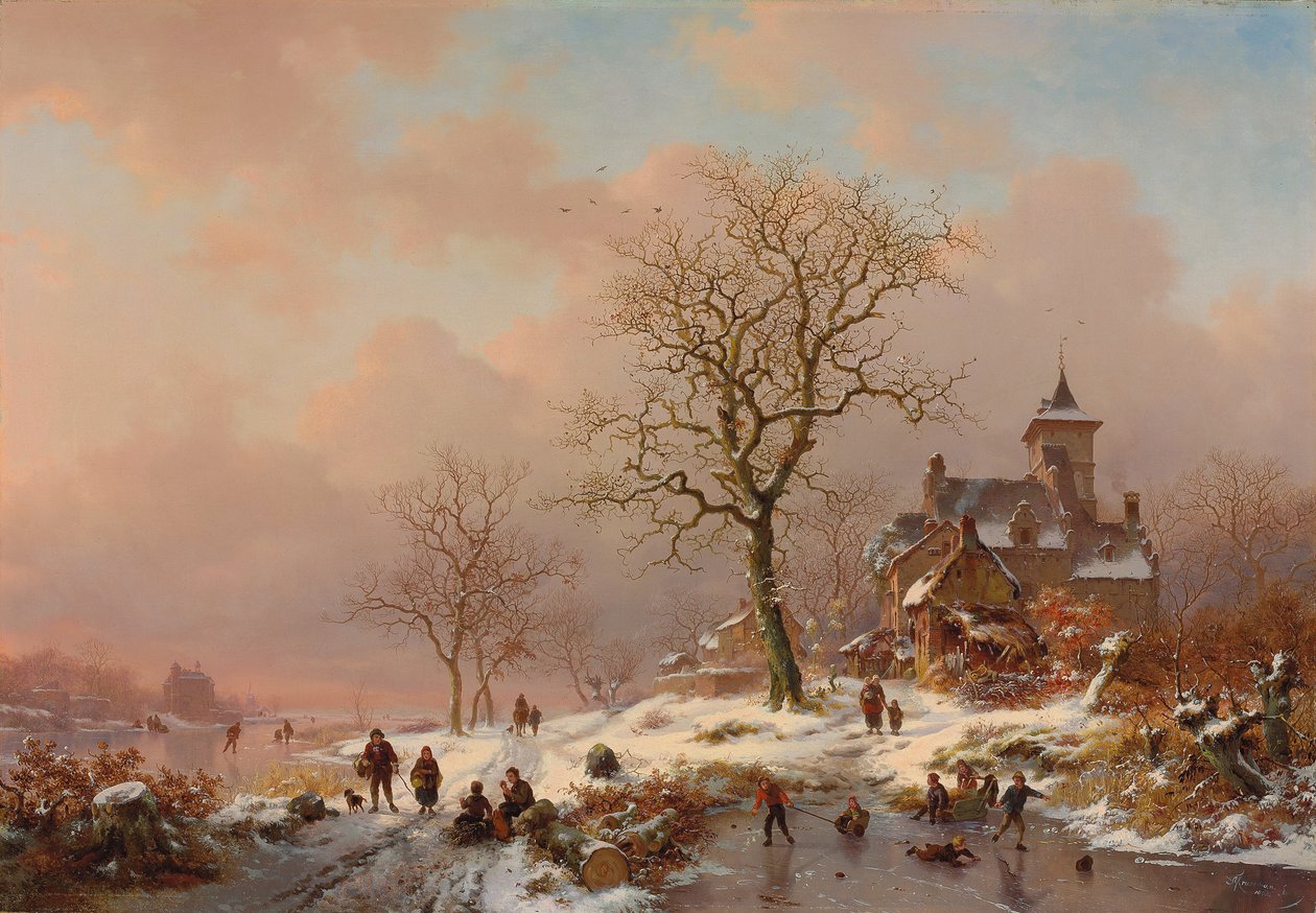 Paisaje de invierno con figuras jugando en el hielo, 1868 de Frederick Marianus Kruseman